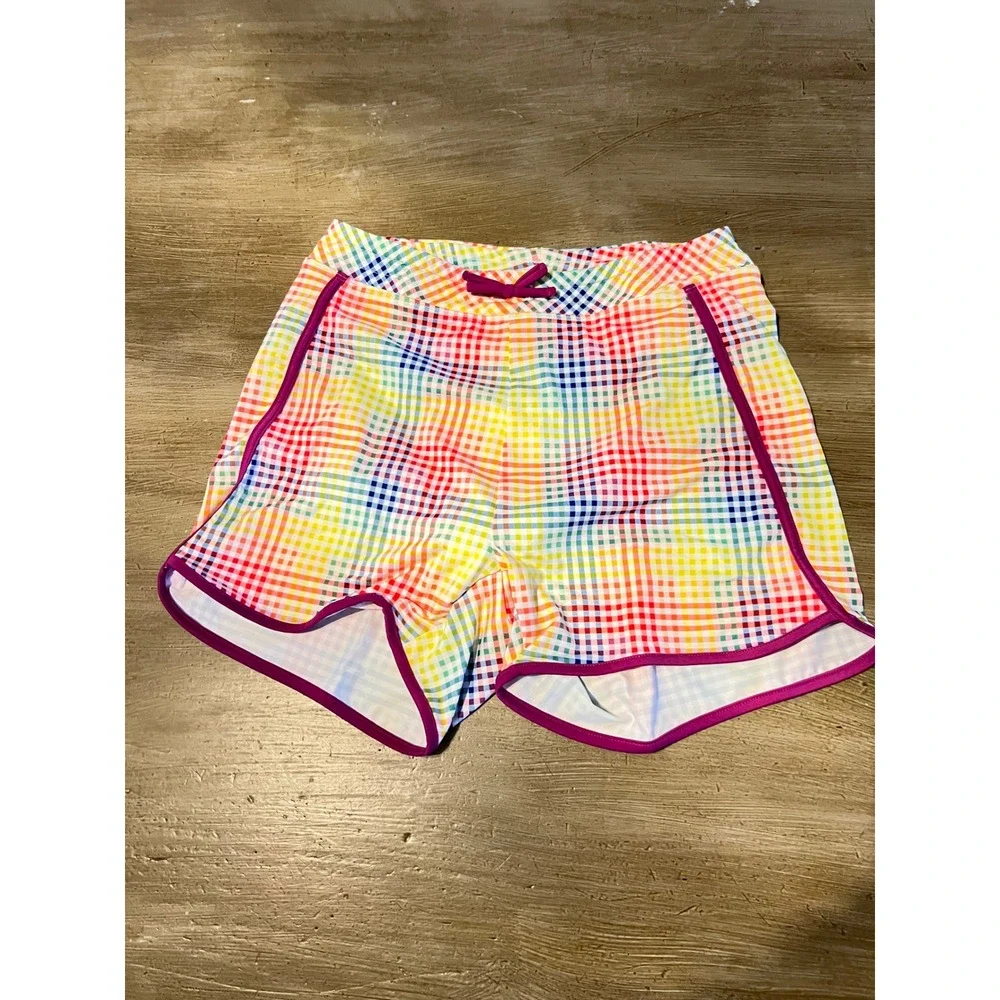 NEW Lands End Girls XL 14-16 Slim Rainbow Gingham Curved Hem Swim Shorts NEW